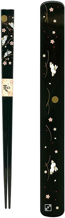 Tanaka Hashiten - Baguettes en bois avec étui motif lapin 22,5cm